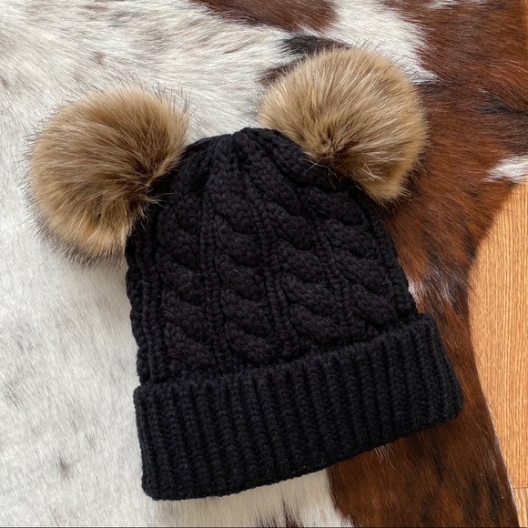 Accessories - Double Pom Black Fleece Lined Knit Beanie